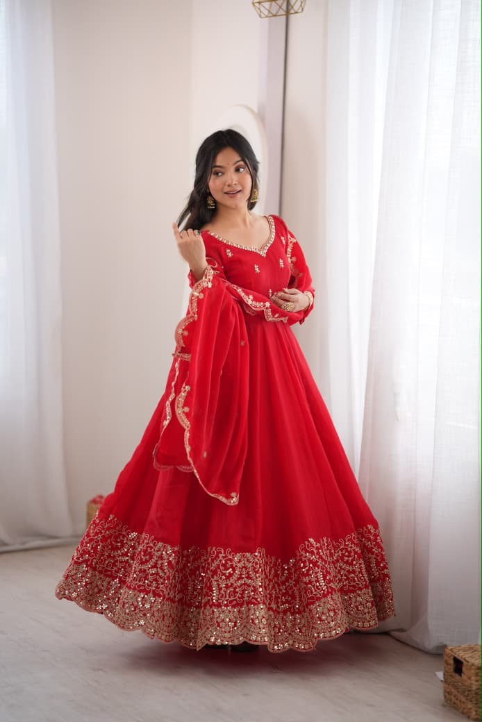 Red Fendy Silk Embroidered Gown Set with Pant & Dupatta